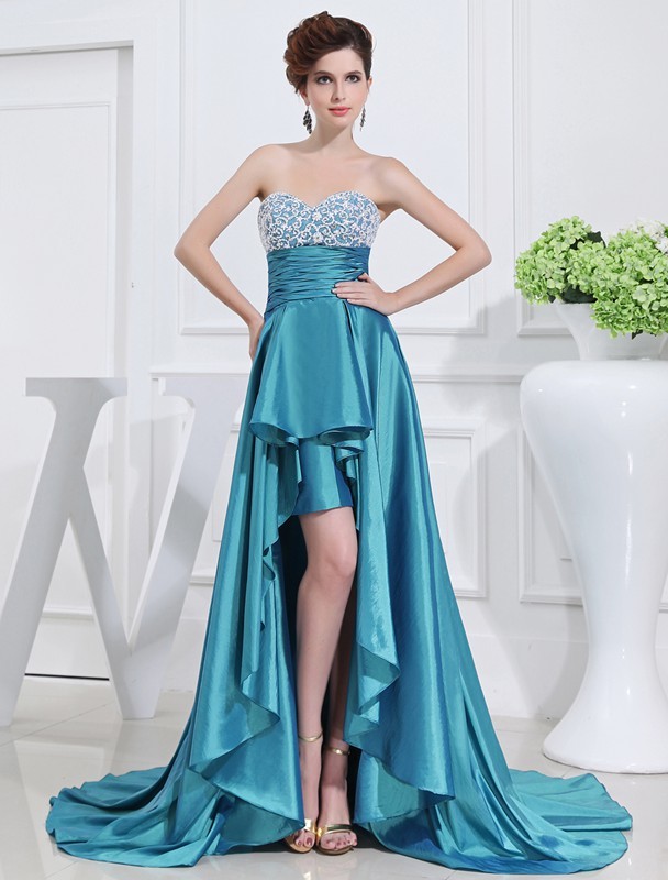 A-Line/Princess Beading Sweetheart High Low Sleeveless Taffeta Dresses 3416