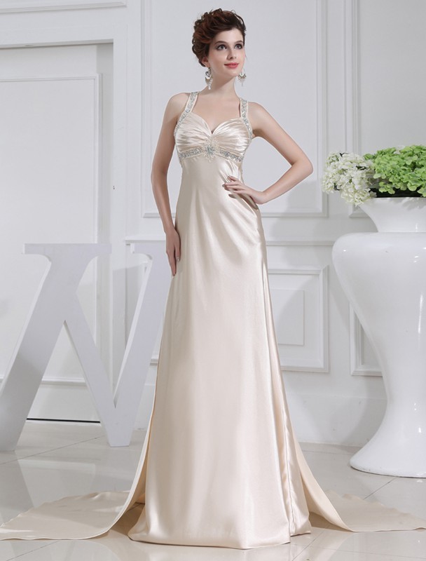 A-Line/Princess Beading Sleeveless Elastic Woven Satin Dresses 3409