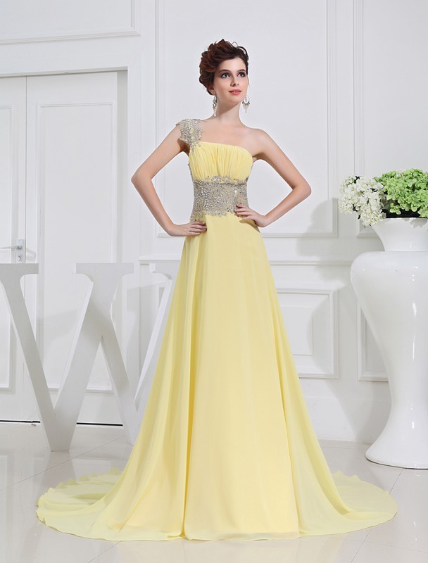 A-Line/Princess One-shoulder Beading Appliques Chiffon Dresses 3833