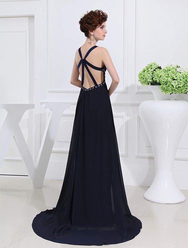 A-Line/Princess Beading V-neck Sleeveless Long Chiffon Dresses 3428