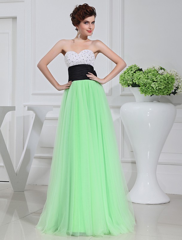 A-Line/Princess Beading Sleeveless Satin Tulle Long Dresses 3412