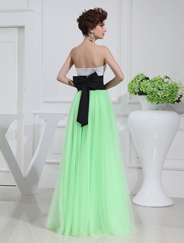 A-Line/Princess Beading Sleeveless Satin Tulle Long Dresses 3412