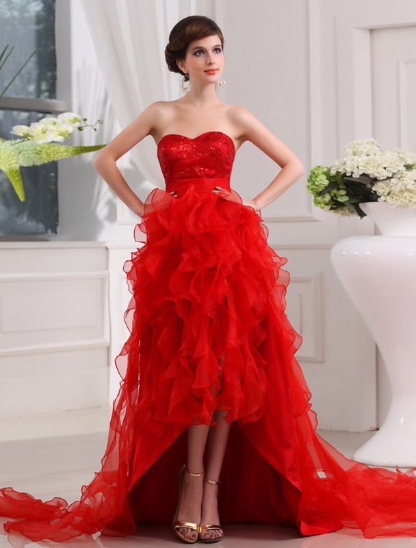 A-Line/Princess Sequin Sweetheart Sleeveless High Low Organza Dresses 4374