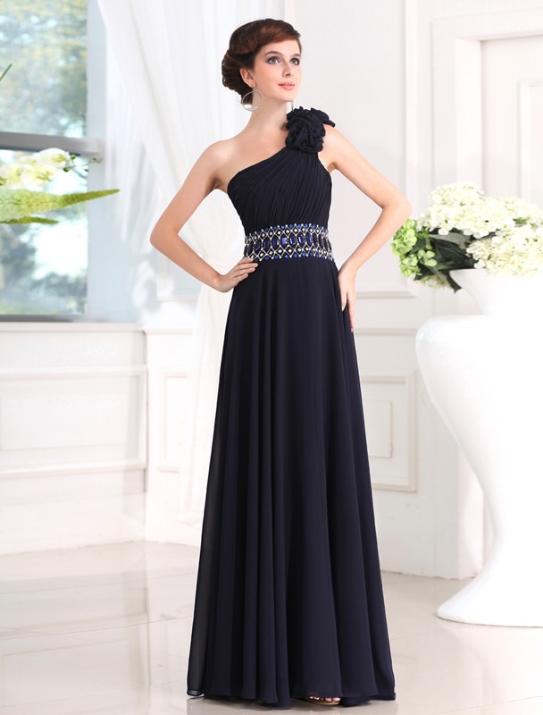 Sheath/Column Beading One-shoulder Sleeveless Long Chiffon Dresses 5850