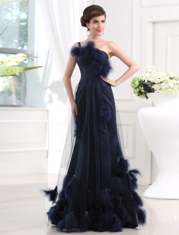 Trumpet/Mermaid One-shoulder Sleeveless Long Satin Tulle Feathers/Fur Dresses 7182