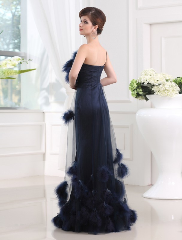 Trumpet/Mermaid One-shoulder Sleeveless Long Satin Tulle Feathers/Fur Dresses 7182