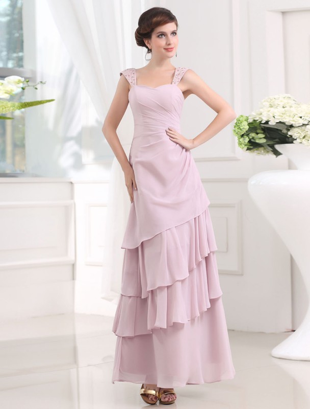 A-Line/Princess Beading Sleeveless Straps Layered Chiffon Long Dresses 3414