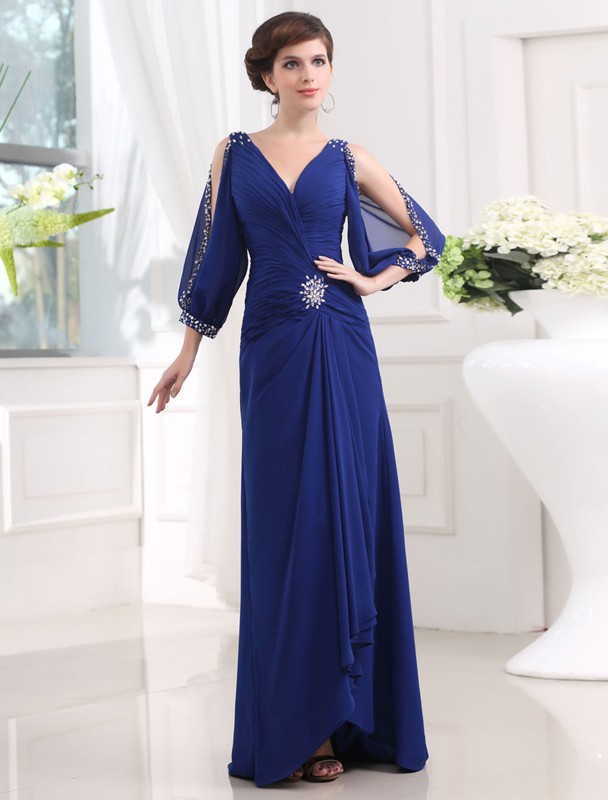 Sheath/Column Beading 3/4 Sleeves V-neck Long Chiffon Dresses 5846