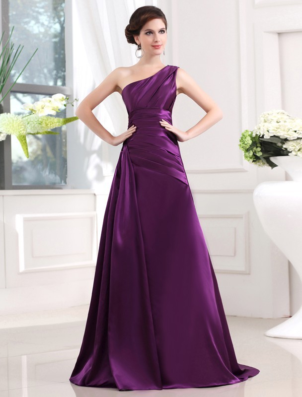 A-Line/Princess One-shoulder Sleeveless Elastic Woven Satin Pleats Long Dresses 3907