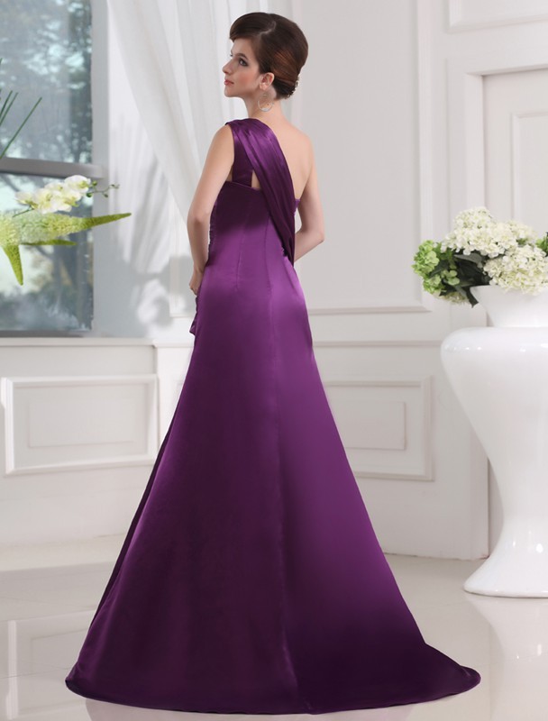 A-Line/Princess One-shoulder Sleeveless Elastic Woven Satin Pleats Long Dresses 3907