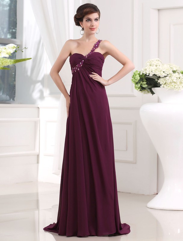 A-Line/Princess Beading One-shoulder Sweetheart Sleeveless Chiffon Long Dresses 3405