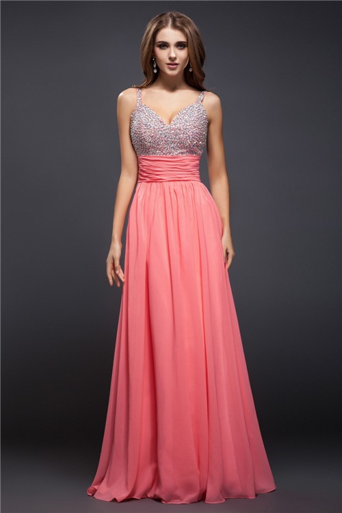 Sheath/Column Spaghetti Straps Beading Sleeveless Long Chiffon Dresses 6630