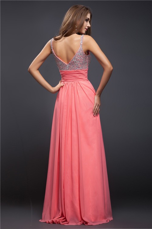 Sheath/Column Spaghetti Straps Beading Sleeveless Long Chiffon Dresses 6630