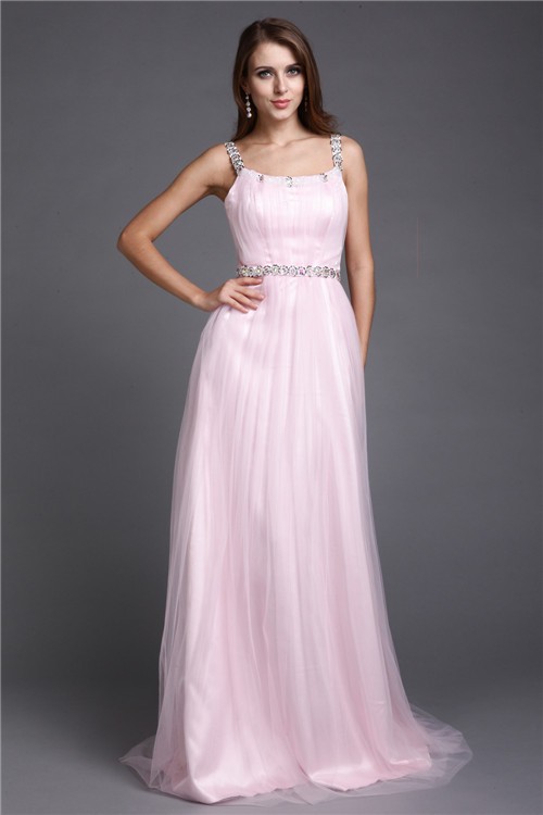 A-Line/Princess Spaghetti Straps Rhinestone Sleeveless Long Net Dresses 4693