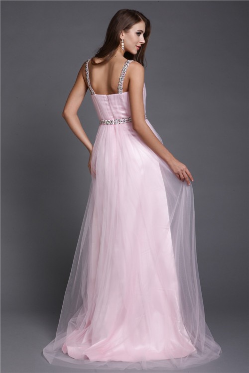 A-Line/Princess Spaghetti Straps Rhinestone Sleeveless Long Net Dresses 4693