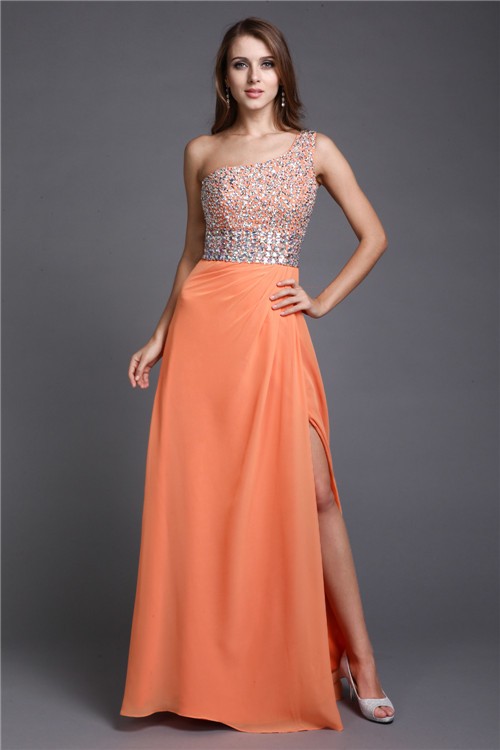 Sheath/Column One Shoulder Long Beading Sleeveless Chiffon Dresses 6166