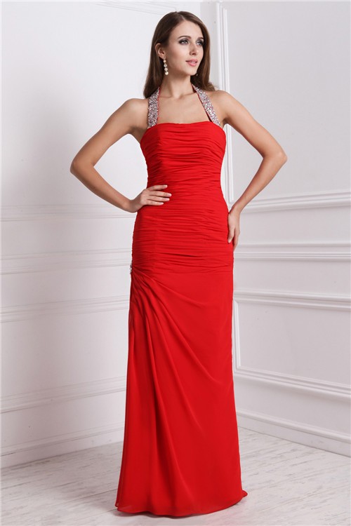 Sheath/Column Halter Beading Sleeveless Long Chiffon Dresses 5955