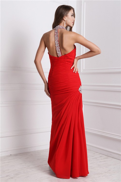 Sheath/Column Halter Beading Sleeveless Long Chiffon Dresses 5955