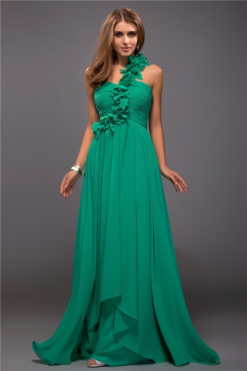 Sheath/Column One Shoulder Ruffles Sleeveless Hand-Made Flower Long Chiffon Dresses 6176