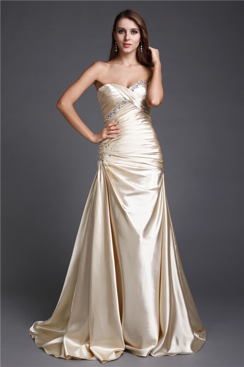 A-Line/Princess Sweetheart Beading Sleeveless Long Elastic Woven Satin Dresses 4962