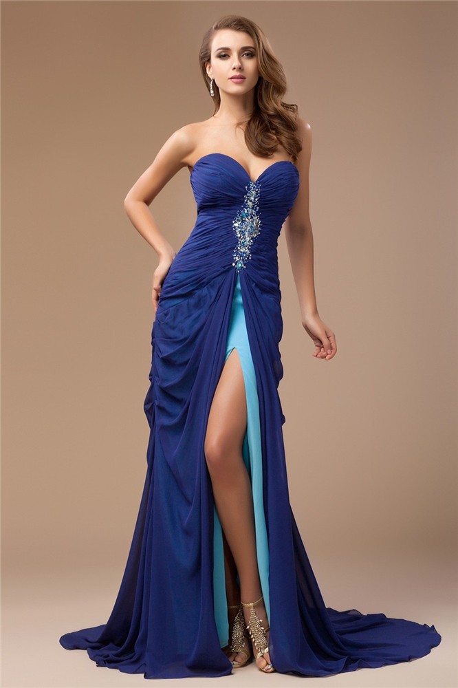 Sheath/Column Sweetheart Beading Sleeveless Long Chiffon Dresses 6773