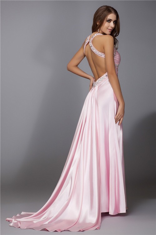 Sheath/Column Spaghetti Straps Beading Sleeveless Long Elastic Woven Satin Dresses 6631