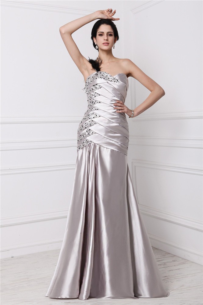 A-Line/Princess Sweetheart Sleeveless Beading Pleats Long Elastic Woven Satin Dresses 5067