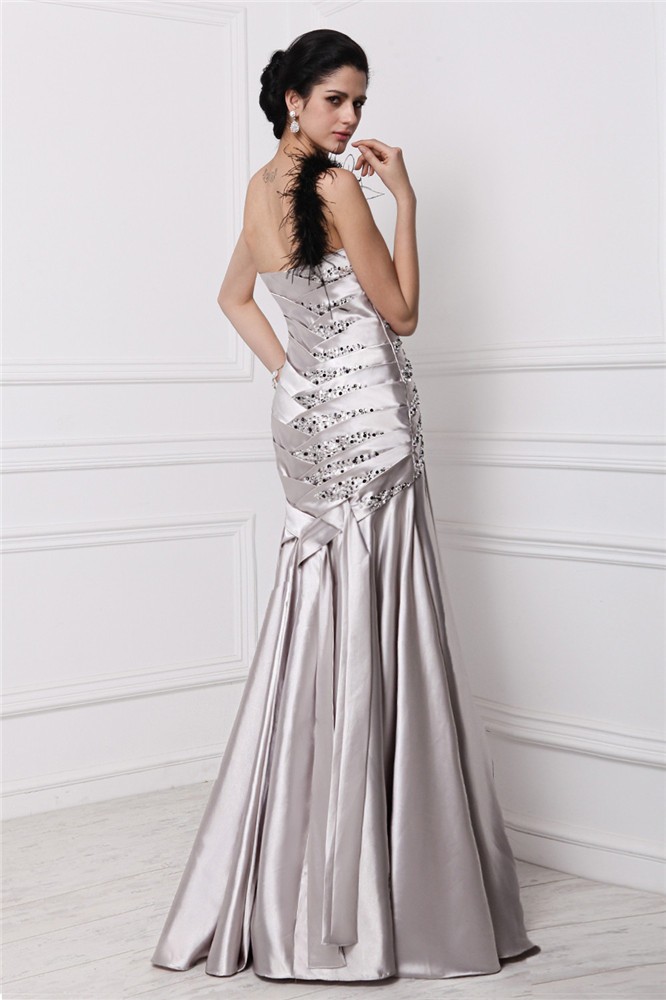 A-Line/Princess Sweetheart Sleeveless Beading Pleats Long Elastic Woven Satin Dresses 5067