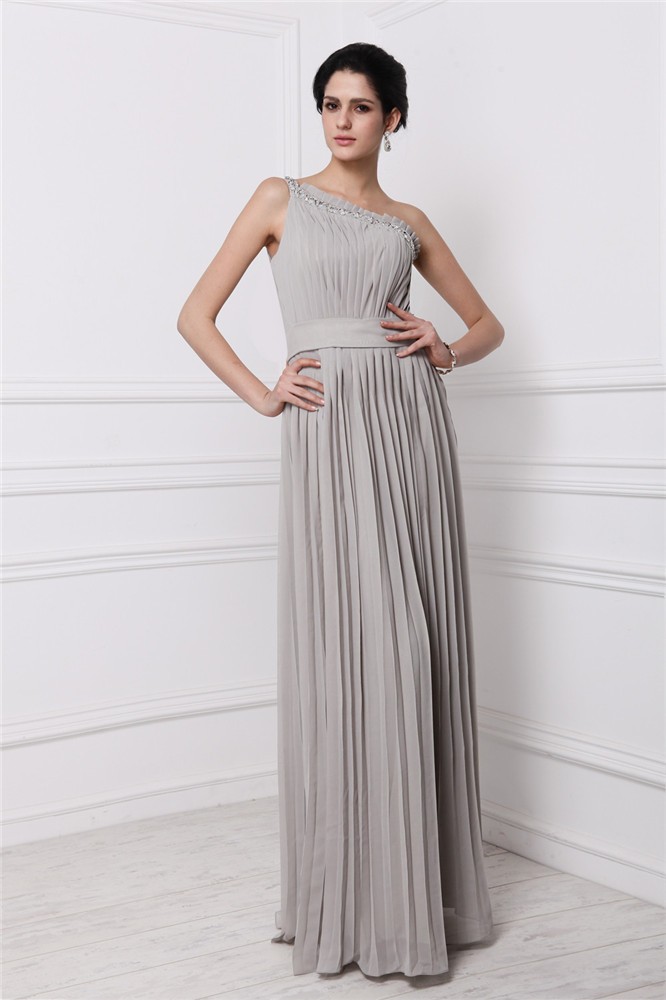 Sheath/Column One-Shoulder Sleeveless Beading Pleats Long Chiffon Dresses 6192