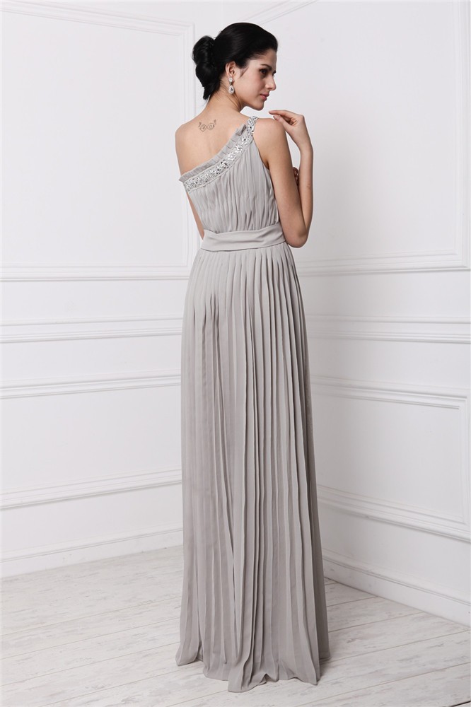 Sheath/Column One-Shoulder Sleeveless Beading Pleats Long Chiffon Dresses 6192