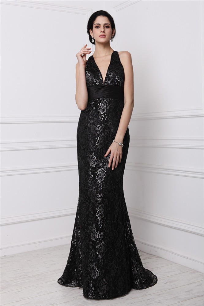 Sheath/Column V-neck Sleeveless Long Lace Dresses 6906