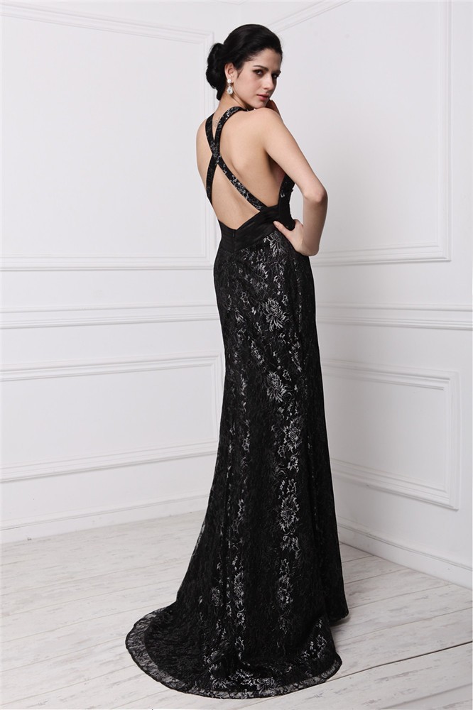 Sheath/Column V-neck Sleeveless Long Lace Dresses 6906