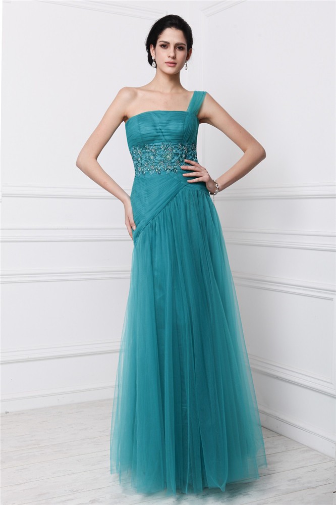 Sheath/Column One-Shoulder Sleeveless Beading Applique Long Net Dresses 6180