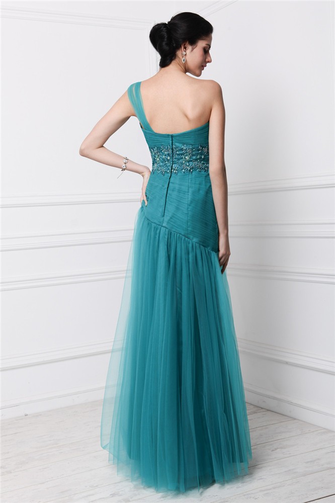 Sheath/Column One-Shoulder Sleeveless Beading Applique Long Net Dresses 6180