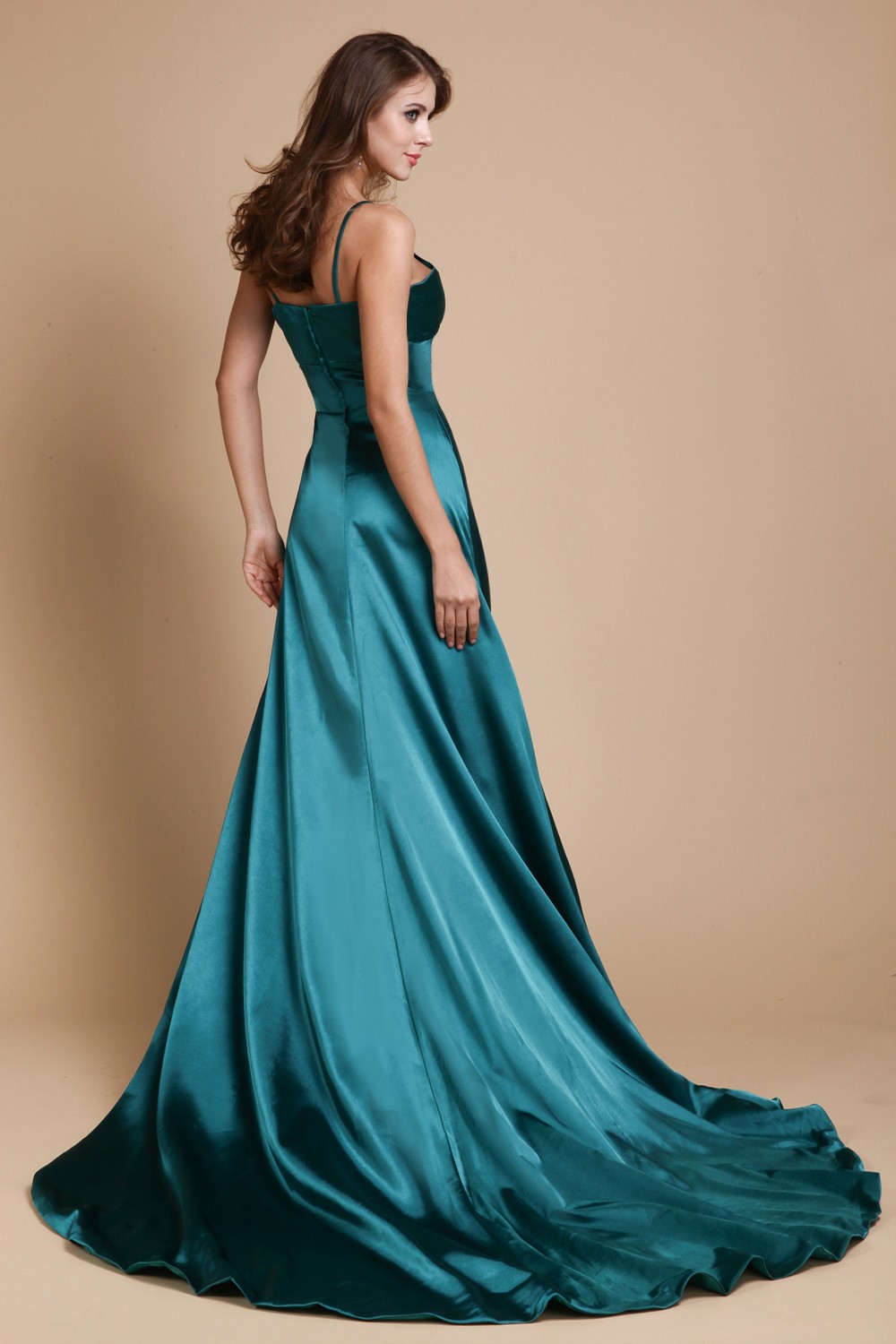 A-Line/Princess Spaghetti Straps Sleeveless Long Ruffles Elastic Woven Satin Dresses 4729