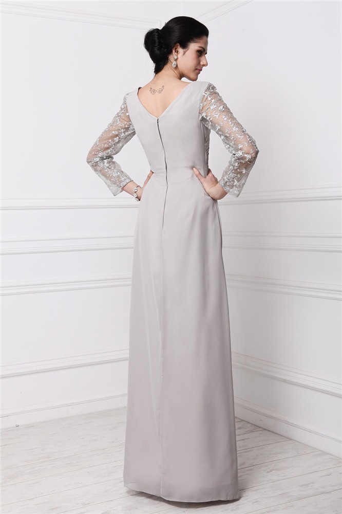 Sheath/Column V-neck Long Sleeves Lace Long Chiffon Dresses 6879