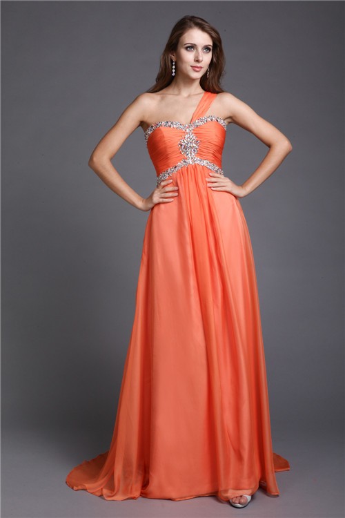 A-Line/Princess One-Shoulder Beading Sleeveless Long Chiffon Dresses 3853