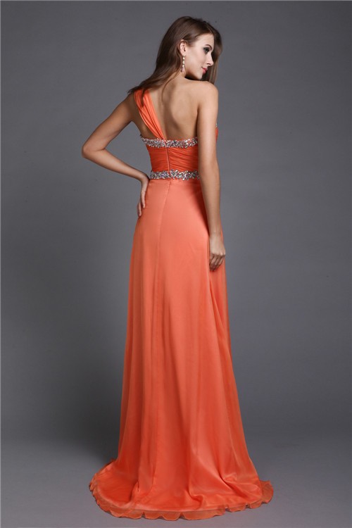 A-Line/Princess One-Shoulder Beading Sleeveless Long Chiffon Dresses 3853