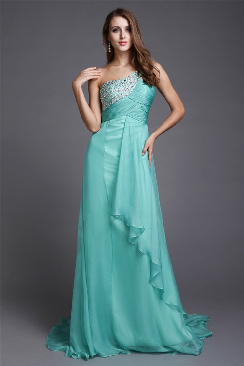 A-Line/Princess One-Shoulder Beading Sleeveless Long Chiffon Dresses 3854