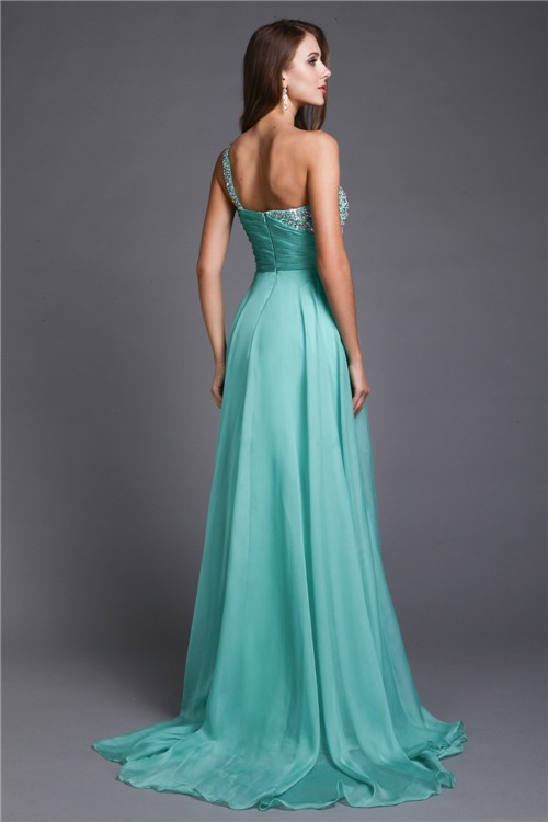 A-Line/Princess One-Shoulder Beading Sleeveless Long Chiffon Dresses 3854