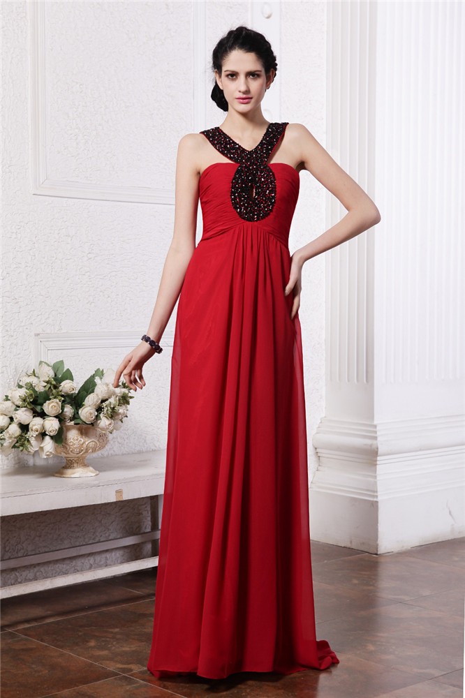 Sheath/Column V-neck Sleeveless Beading Long Chiffon Dresses 6895