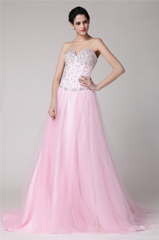 A-Line/Princess Sweetheart Sleeveless Beading Long Elastic Woven Satin Net Dresses 5062