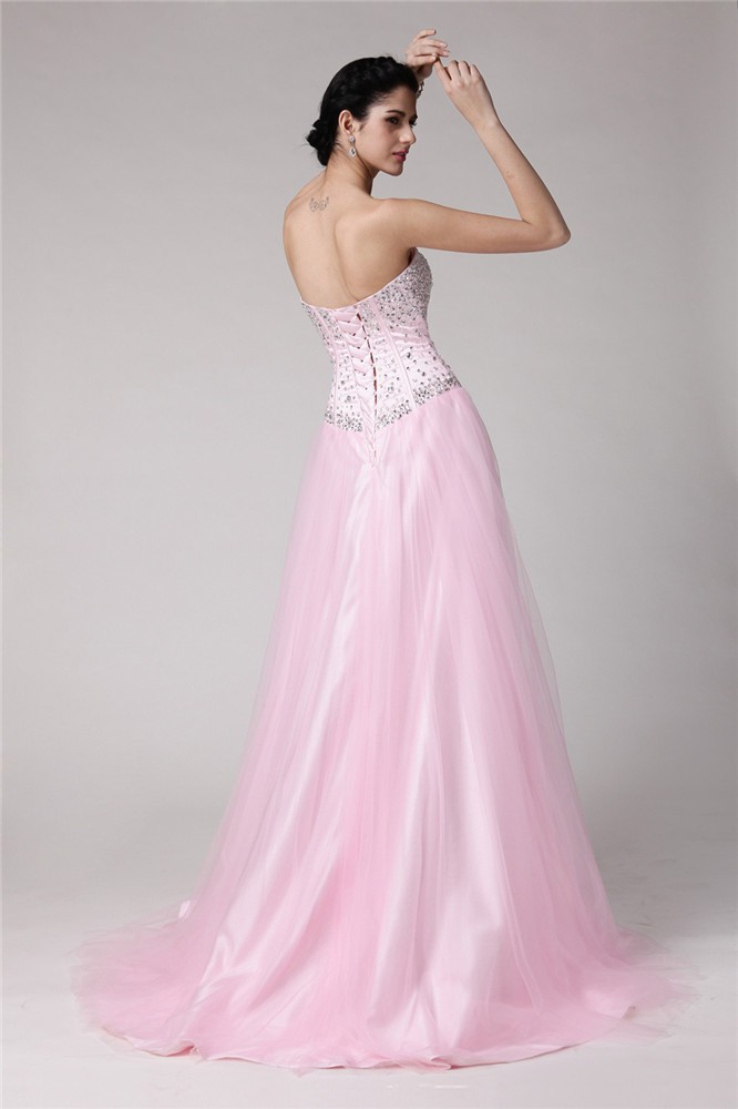 A-Line/Princess Sweetheart Sleeveless Beading Long Elastic Woven Satin Net Dresses 5062