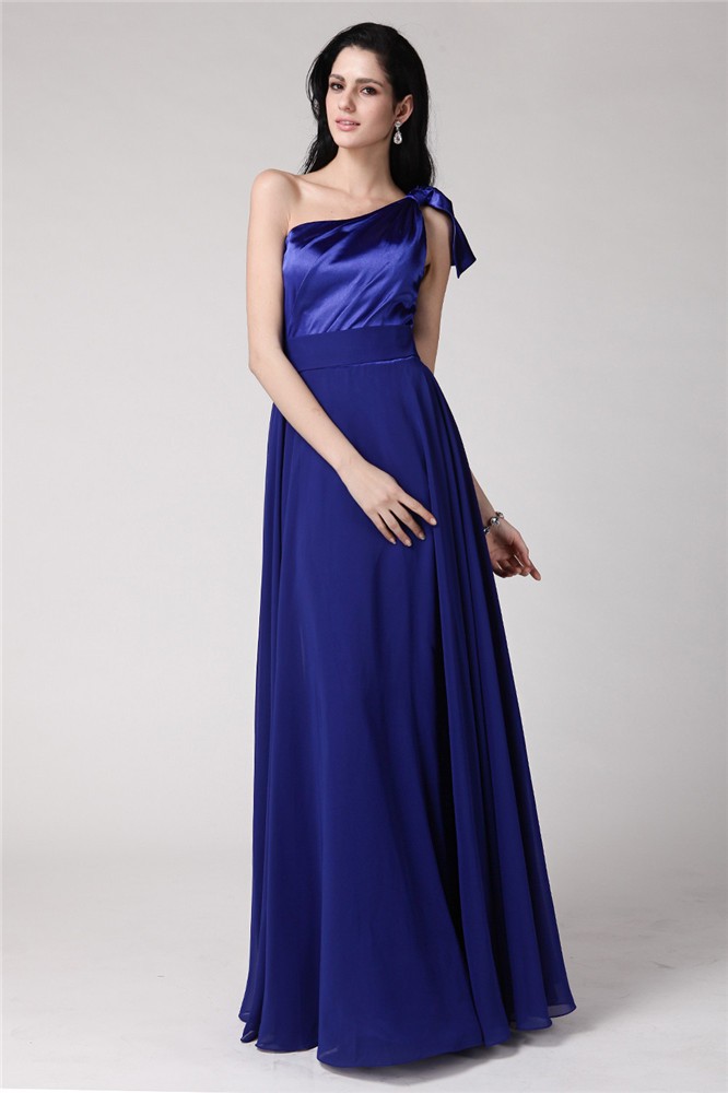 A-Line/Princess One-Shoulder Sleeveless Long Pleats Elastic Woven Satin Chiffon Dresses 3915