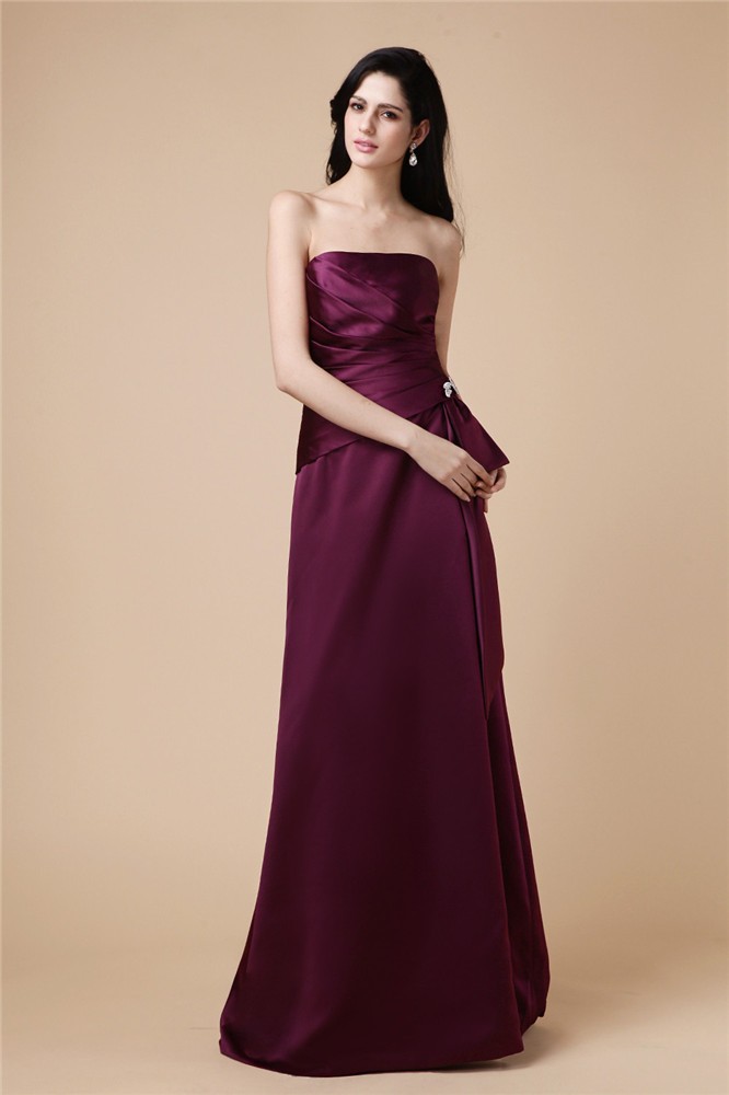 A-Line/Princess Strapless Sleeveless Beading Pleats Long Satin Dresses 4773