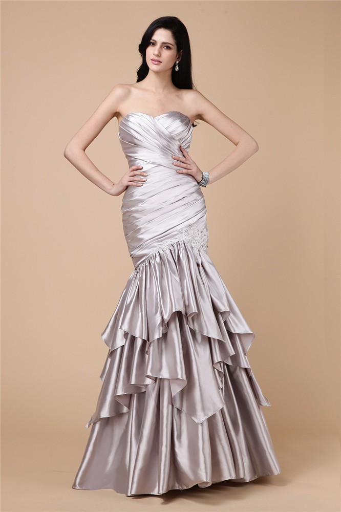 Trumpet/Mermaid Strapless Sleeveless Pleats Long Elastic Woven Satin Dresses 7426