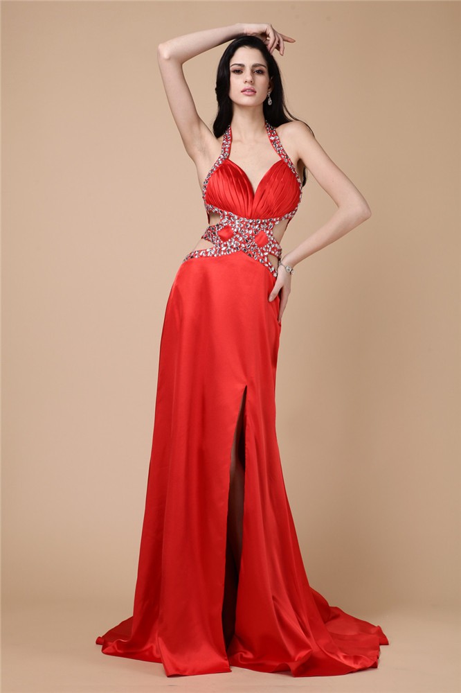 Sheath/Column Halter Sleeveless Beading Long Elastic Woven Satin Dresses 5960