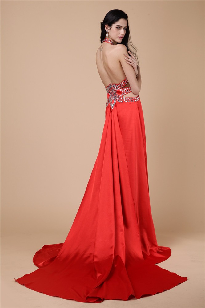 Sheath/Column Halter Sleeveless Beading Long Elastic Woven Satin Dresses 5960