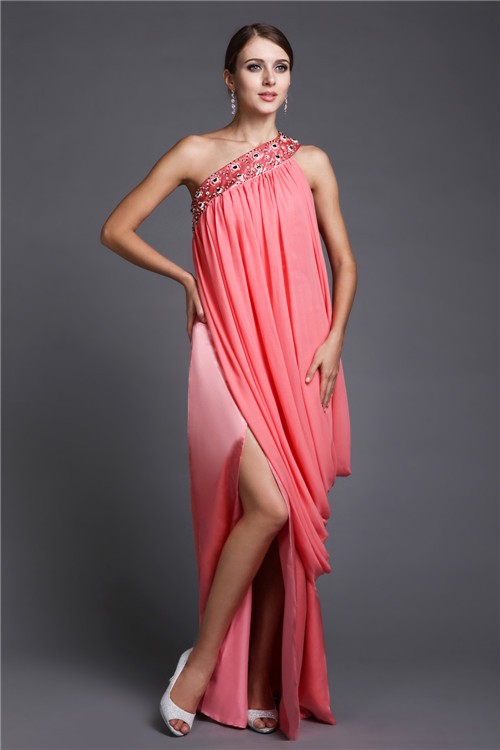 Sheath/Column One-Shoulder Sleeveless Beading Long Chiffon Dresses 6189