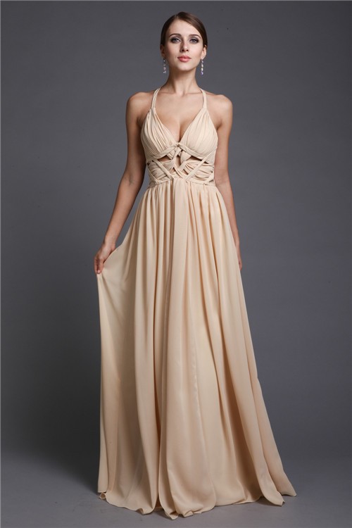 A-Line/Princess V-neck Sleeveless Long Ruffles Chiffon Dresses 5547